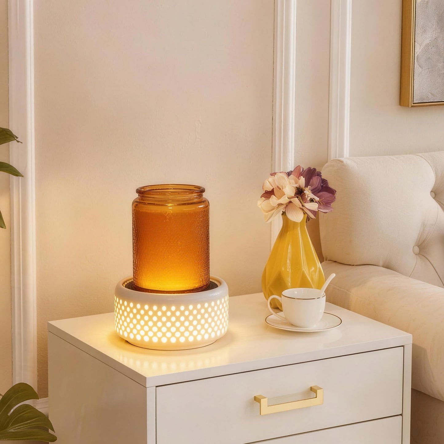 Ceramic Candle Warmer lamp, Wax Melt Warmer with 7 Colors Night Light and 1 PC Silicone Liner,4-in-1 Electric Warmer for Jar Candle Wax Cube Essential Oil coffee, Ideal Gift for Home Office Kitchen