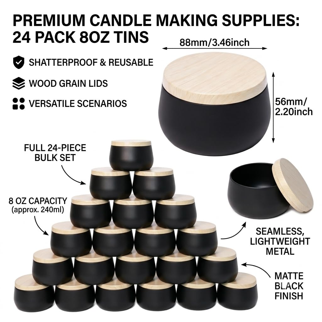 24 Pack 8 oz Candle Tins, Matte Black Metal Candle Jars with Wood Grain Lids, Empty Candle Containers Bulk for Candle Making Supplies, DIY Crafts, Storage & Gifts, Shatterproof Travel Vessels