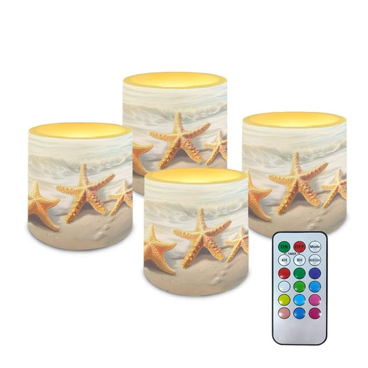 NETILGEN Beachside Starfish Print 4 Packs Flameless LED Candles with Remote Timer Control Color Changing Battery Operated Pillar Candles for Home Party Decor