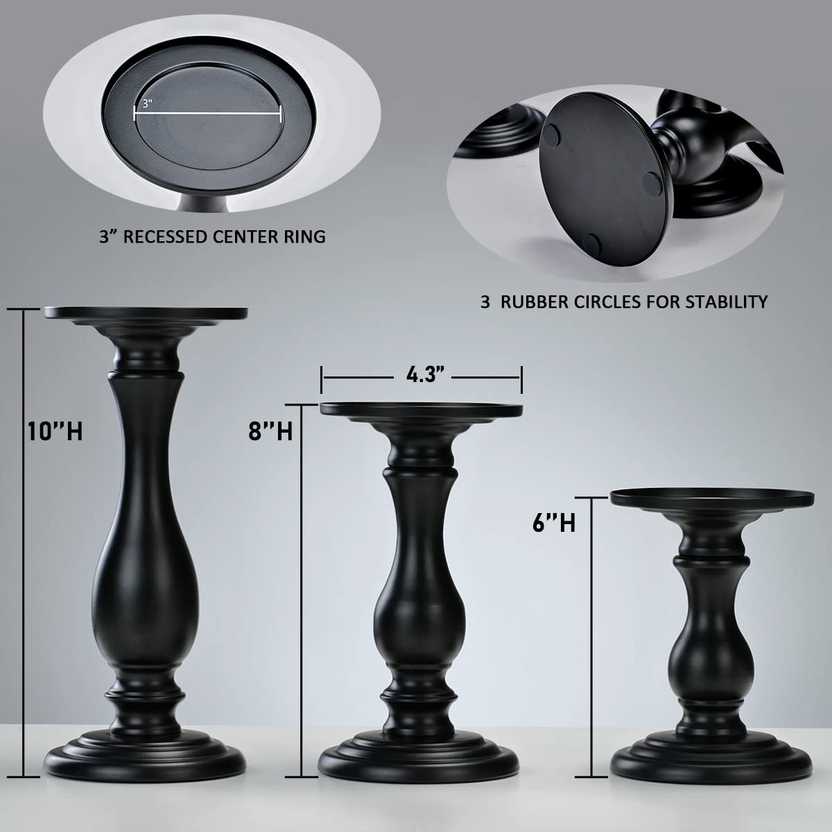 Matte Black Pillar Candle Holders Set of 3-10", 8", 6”H Candlestick Candle Holder Stand, Mother's Day Home Decor Gift for Fireplace/Table Centerpiece/Rustic/Farmhouse