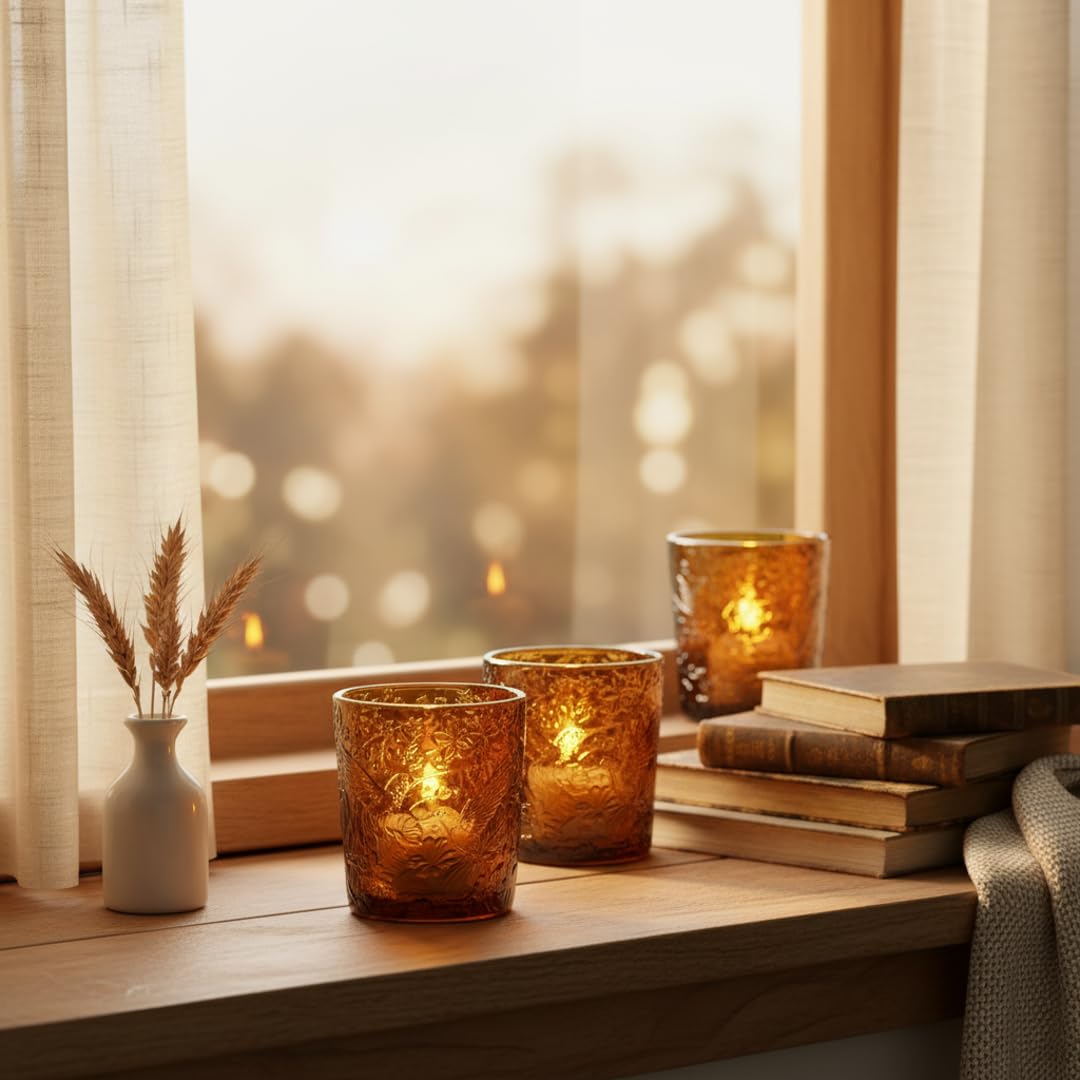 12 Pack Hummingbird Embossed Glass Candle Holders – Votive Tealight Holders with Patent Design, Decorative Embossed Glass Cups for Wedding Centerpieces, Parties, and Home Décor (Chestnut Brown)