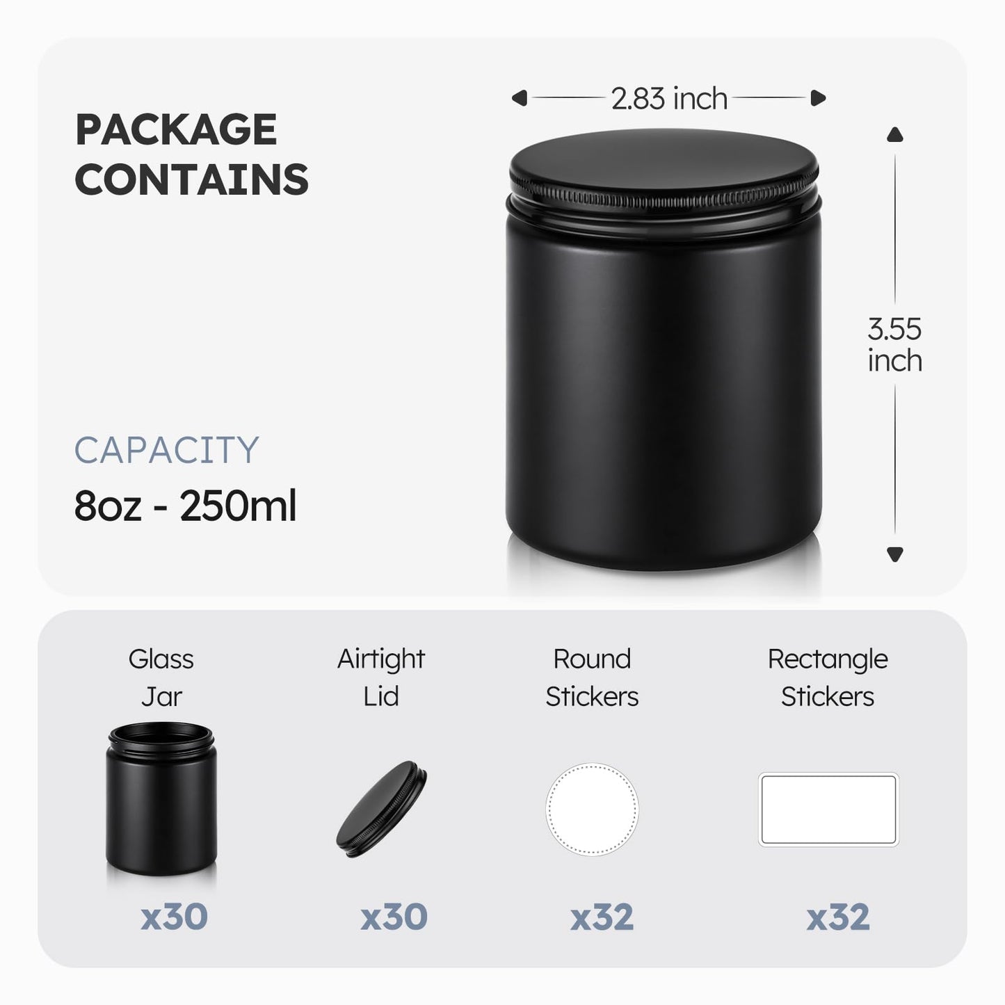Tecohouse 8oz Black Glass Jars with Lids, 30 Pack Candle Jars with Blank Labels, 250g Wide Mouth | Lotion Container for Sample, Cream, Lotion, Honey, Powder, Jelly | Home & Beauty