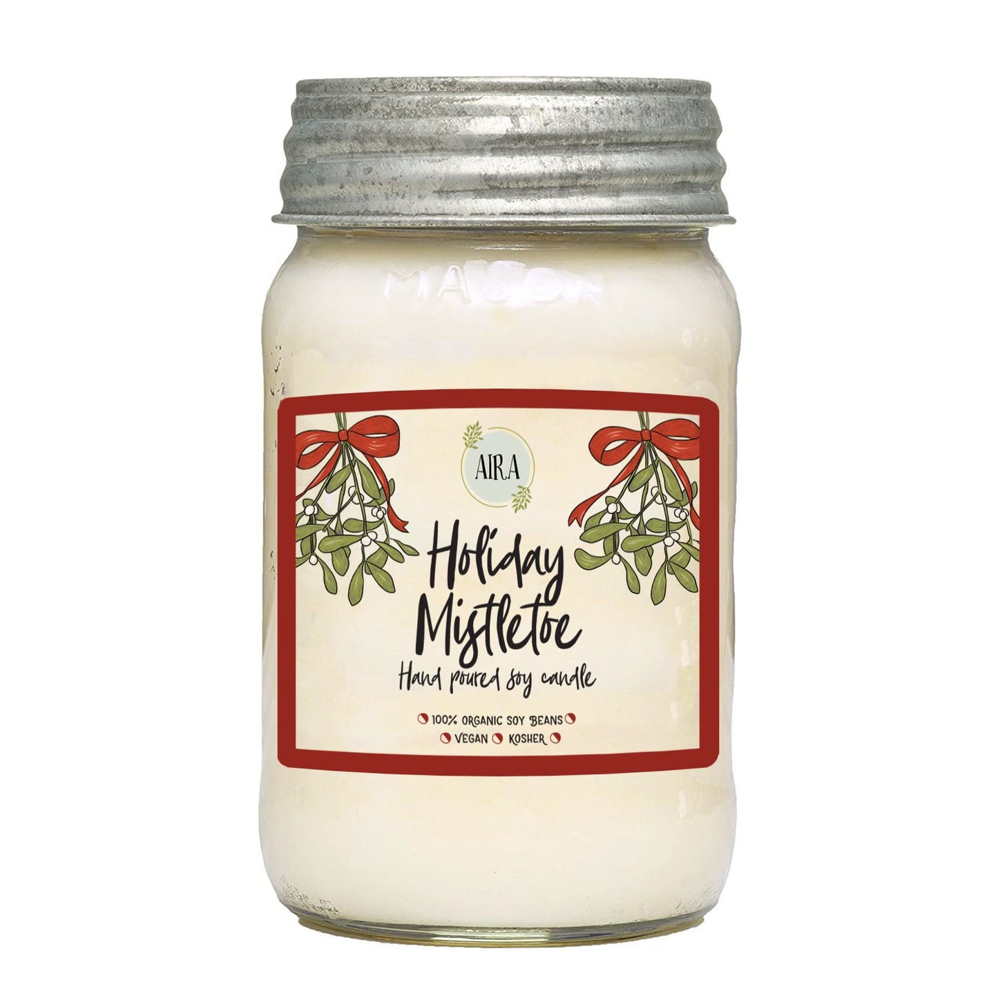 Aira Soy Candles - Organic, Kosher, Vegan, in Mason Jar w/Therapeutic Essential Oils - Hand-Poured 100% Soy Candle Wax - Paraffin Free, Burns 110+ Hours - Holiday Mistletoe Christmas Candle - 16 Oz