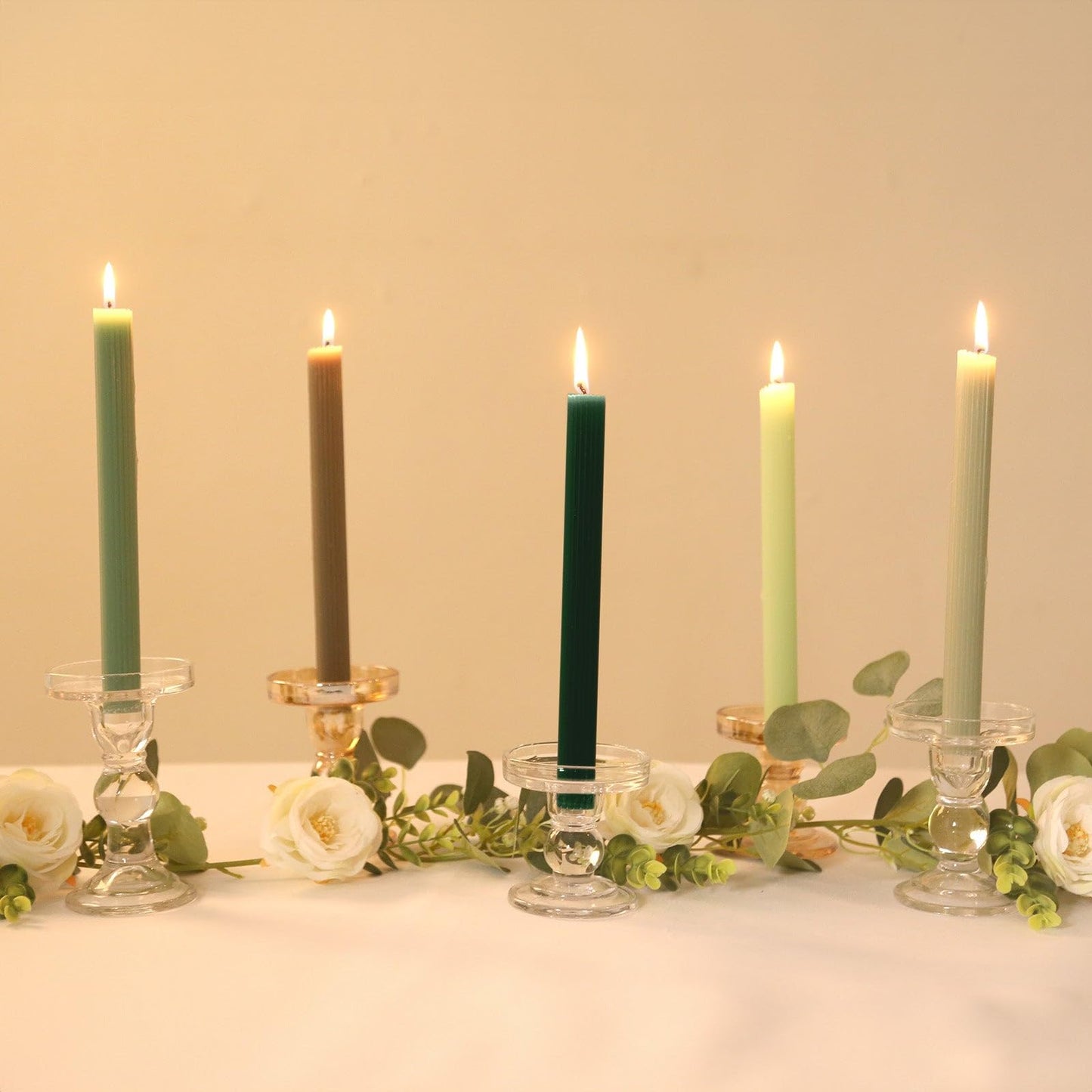 Efavormart 5 Pack 9" Mixed Sage Green Ribbed Unscented Taper Candles, Textured Ribbon Wax with Cotton Wick for Modern Centerpieces and Home Decor