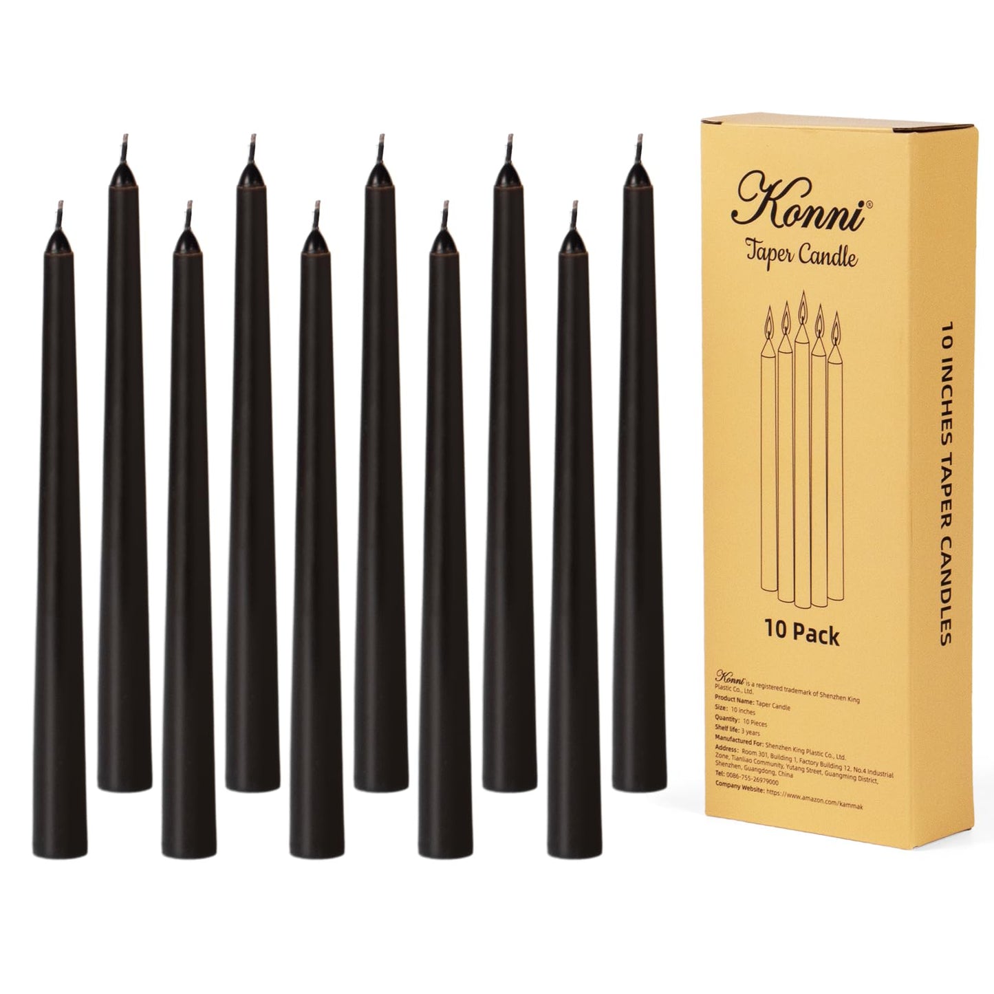 KONNI 0.87×10 Inch Black Taper Candles, Unscented and Smokeless Tall Candlesticks, 10 Pack Halloween Taper Candles with Cotton Wicks, Long Burning, Ideal for Weddings, Dinner Parties, and Home Décor