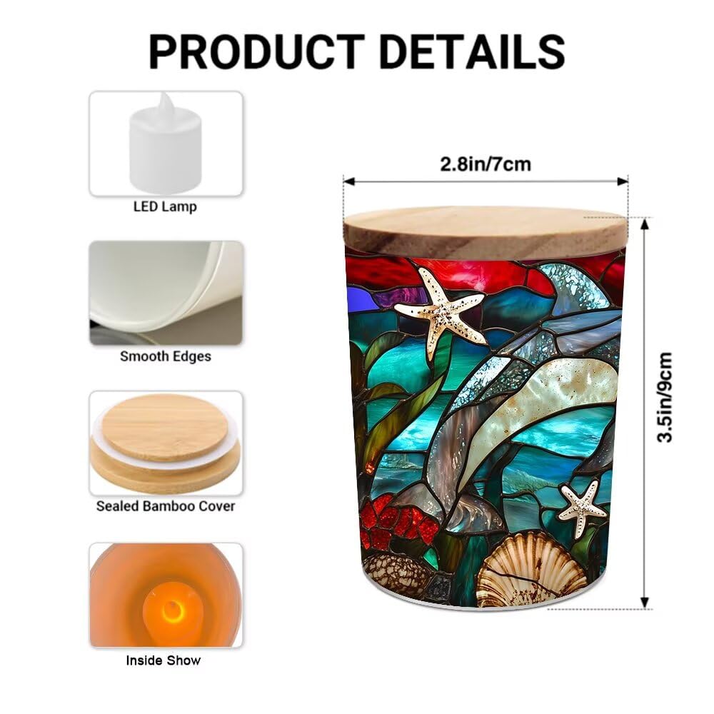 Stained Glass Dolphins Tea Light Candle Holders, Starfishes Tealight Candle Holder Jar with Wooden Lid, Ocean Votive Candlesticks for Table Centerpieces, Christmas,Birthday Party,Home Decor