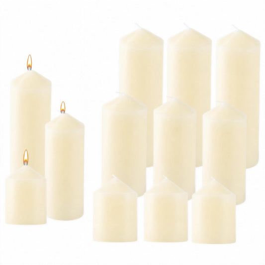 12 Pcs Individually Wrapped Pillar Candles Bulk, 2x3 2x6 2x8 Inch, Unscented Dripless Smokeless, Hurricane Candles for Wedding Party, Spa, Home Decor (12 Ivory Pointed-tip, 2 x 3/6/8 Inch)