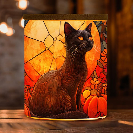 Black Cat Pumpkin Stained Glass Tealight Candle Holder, Halloween Decorations Candle Jar Tea Light Holder, Flowers Tealight Holders Candlesticks Gift for Halloween Christmas Thanksgiving, 3.5x2.8in