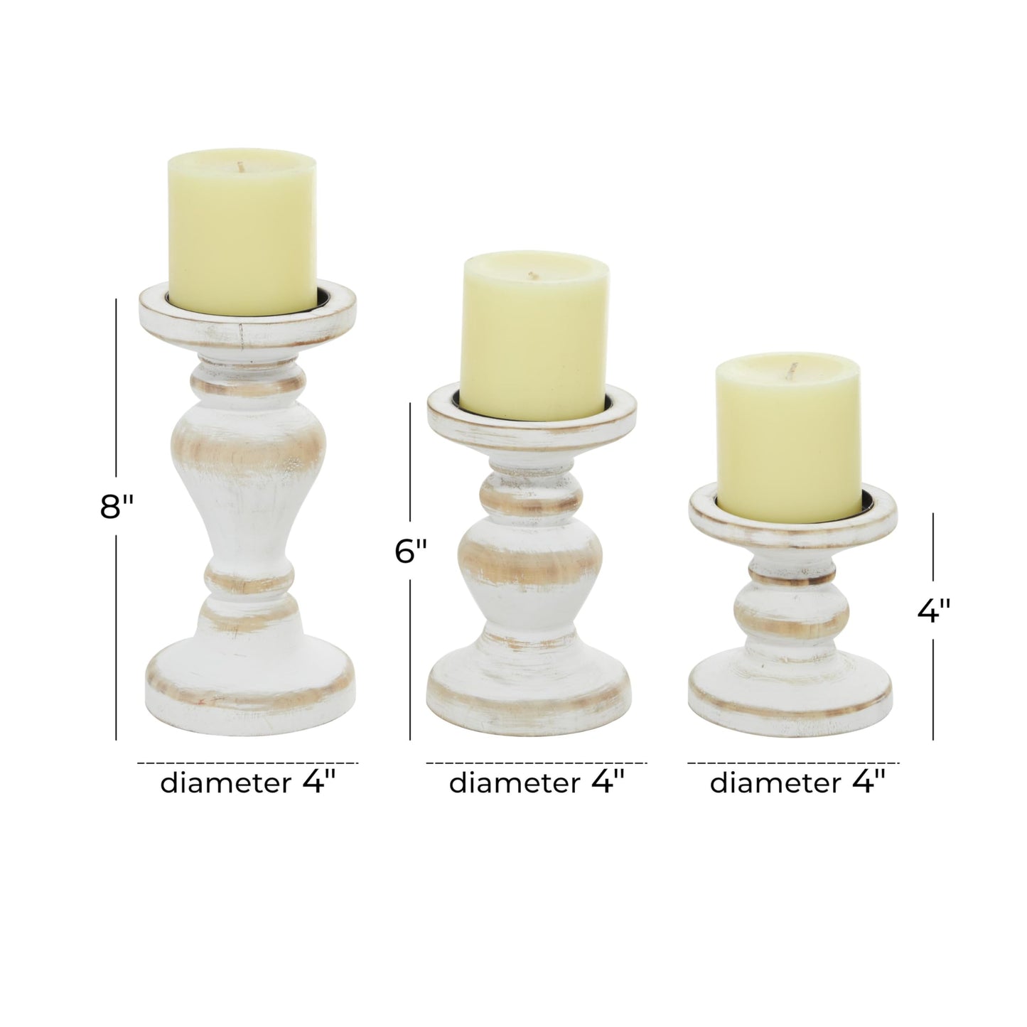 Deco 79 Wood Decorative Candle Holder Turned Style Candle Stand, Set of 3 Candlestick Holder 8", 6", 4"H, White