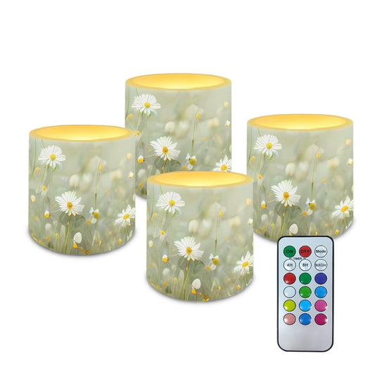 NETILGEN Daisy Floral Green Flameless Candles with Remote Set of 4 Battery Operated LED Pillar Candles with Timer Color Changing 3 inch Candles for Home Decor