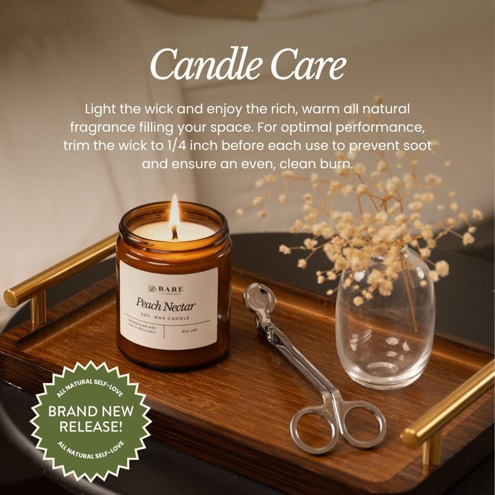 Bare Botanics Non-Toxic Unscented 9oz Soy Candle - 100% Plant-Based Fragrance Oils - Handpoured in WI - 40+ Hrs