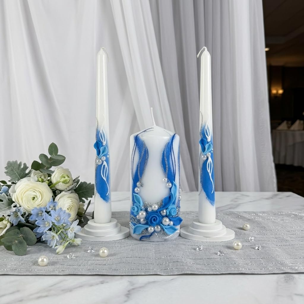 Magik Life Unity Candle Set - Wedding Ceremony & Reception – 6” Pillar & Two 10” Taper Candles – Long Burning Unity Candles for Marriage Ritual – Handmade in USA - Royal | Blue