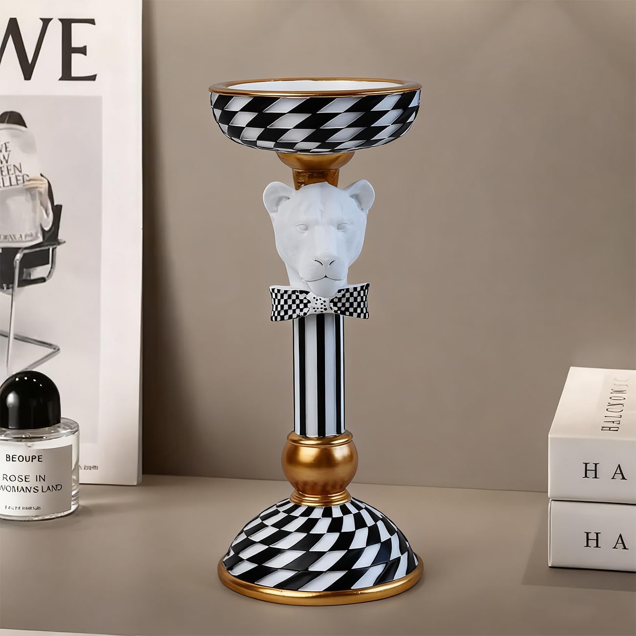 Crowned Animal Candlestick Holder Black & White Checkerboard Taper Candle Holder with Gold Accents Eclectic Resin Statue for Modern Home Decor, Table Centerpiece