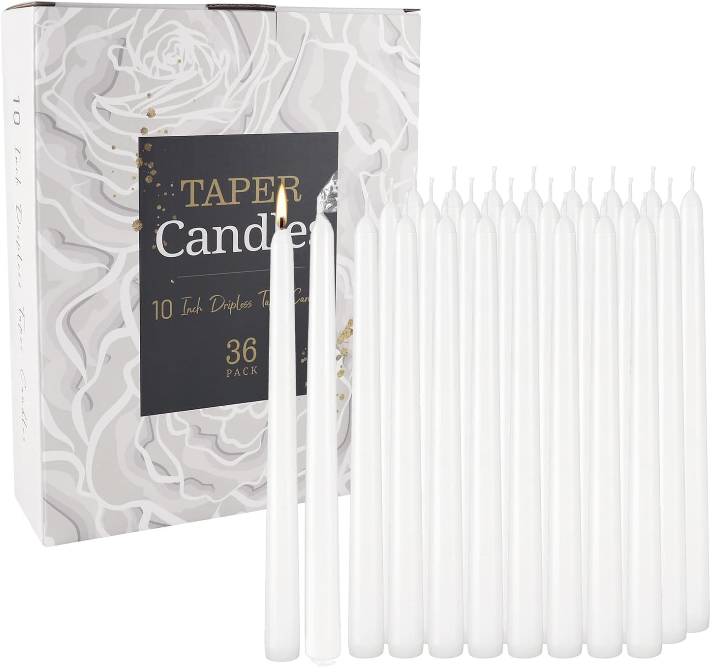YOROXRG 36 Pack White Taper Candles, 7-8 Hours Burn Time, Unscented, Smokeless and Dripless, 0.8 x 10 Inch Dinner Candle Set for Household, Wedding, Party and Home Décor Candlesticks