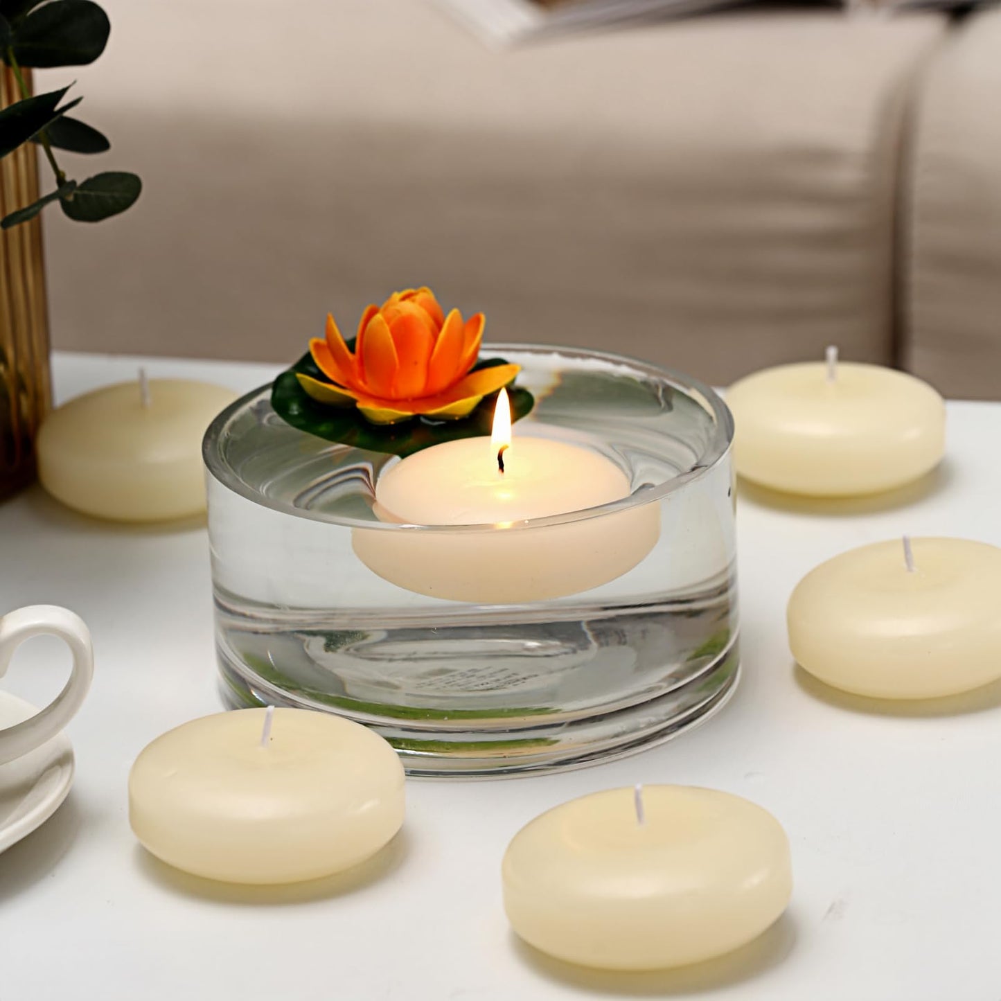 KNOURT 36 Pack Floating Candles, 3” Ivory Unscented Dripless Wax Burning Candles, for Weddings, Party, Cylinder Vases, and Home Decorations