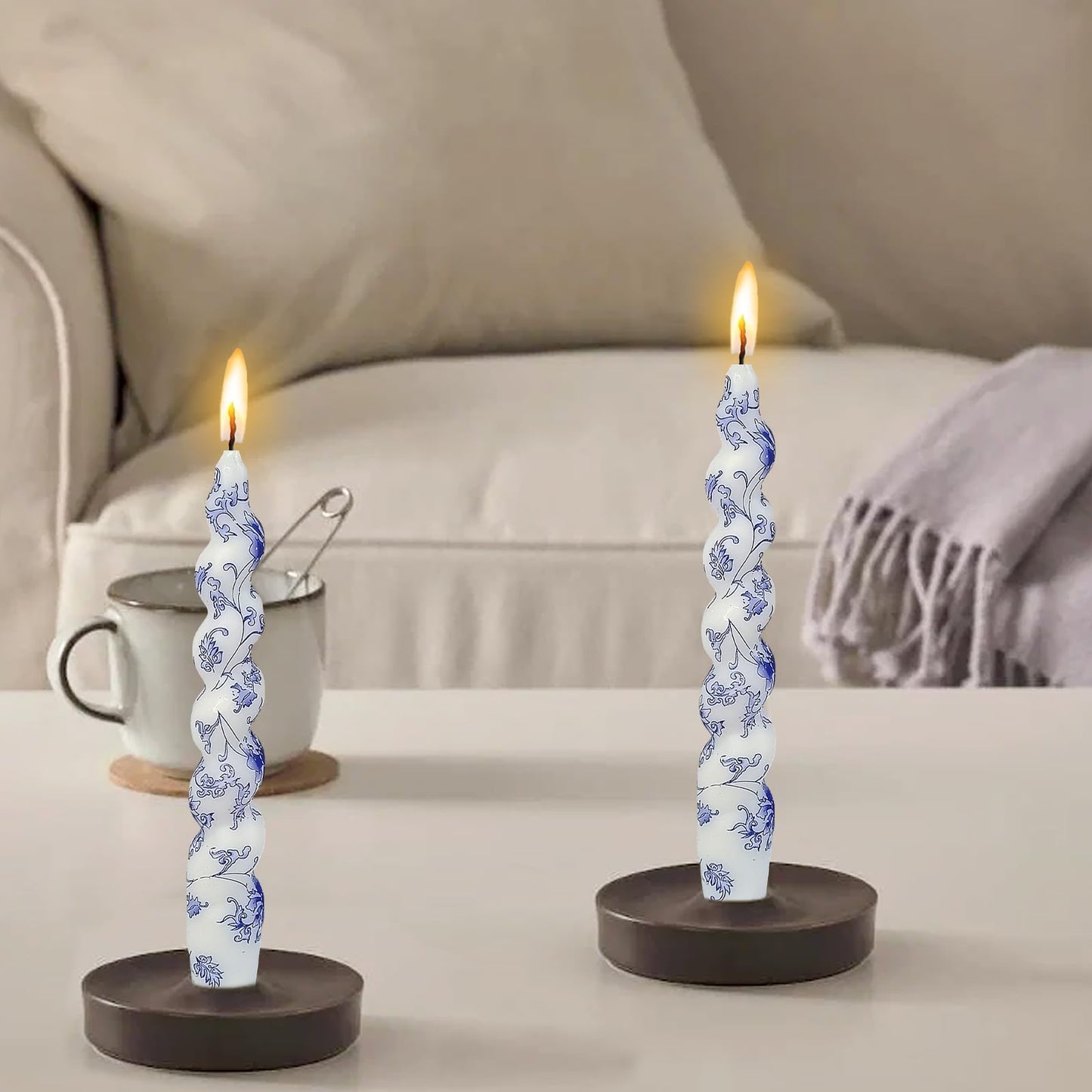 NJAO HOO Floral Taper Candles 7.5 in Spiral Candlesticks Hand Printed Blue Flower Candlestick Twisted Taper Candle for Home Garden Decor Simple Modern, 2Pcs