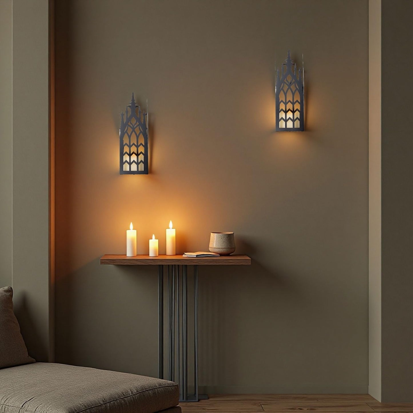 AIM & GGKK Wall Candle Sconce Holder,Set of 2 Gothic Cathedral Wall Sconce with Window Design,Black Metal Wall Mount Candle Holder for Living Room, Dining Room,Rustic Farmhouse Decorations