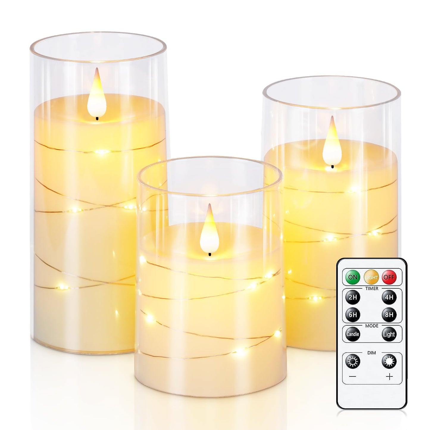 Homemory Flickering Flameless Candles with String Lights, Battery Operated Candles, Embedded String Lights LED Candles, Unbreakable Plexiglass Candle with Remote, Set of 3, Ivory White