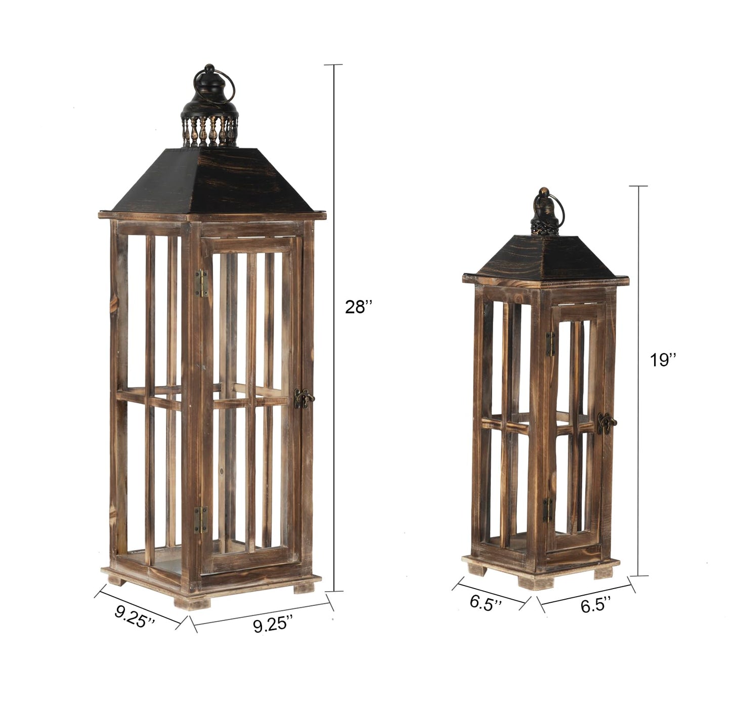 Large Farmhouse Wooden Decorative Lantern Set of 2, Rustic Distressed Brown Burnt Wood Floor Candle Lanterns, Indoor/Outdoor Hanging Lanterns for Home Decor (No Glass)