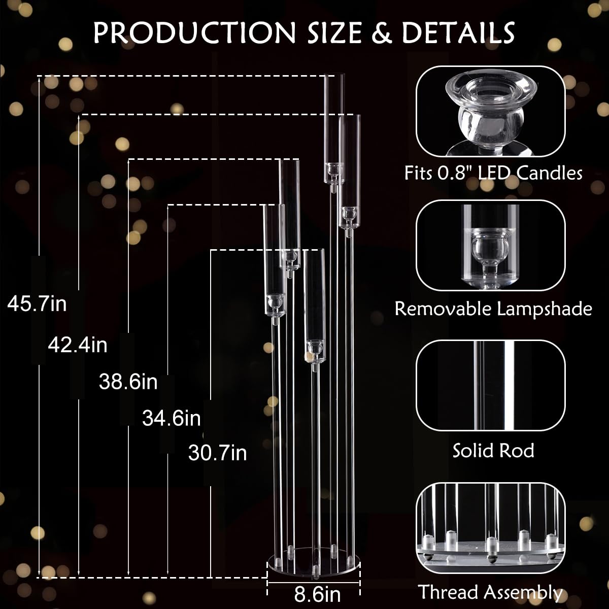 Fullvaseer 4pcs 5 Arm Acrylic Candelabra,Clear Candle Holder for Wedding,45.7inch Tall Floor Candle Holders for Ceremony Birthday Party Home Decoration Fit 0.8 LED Candles