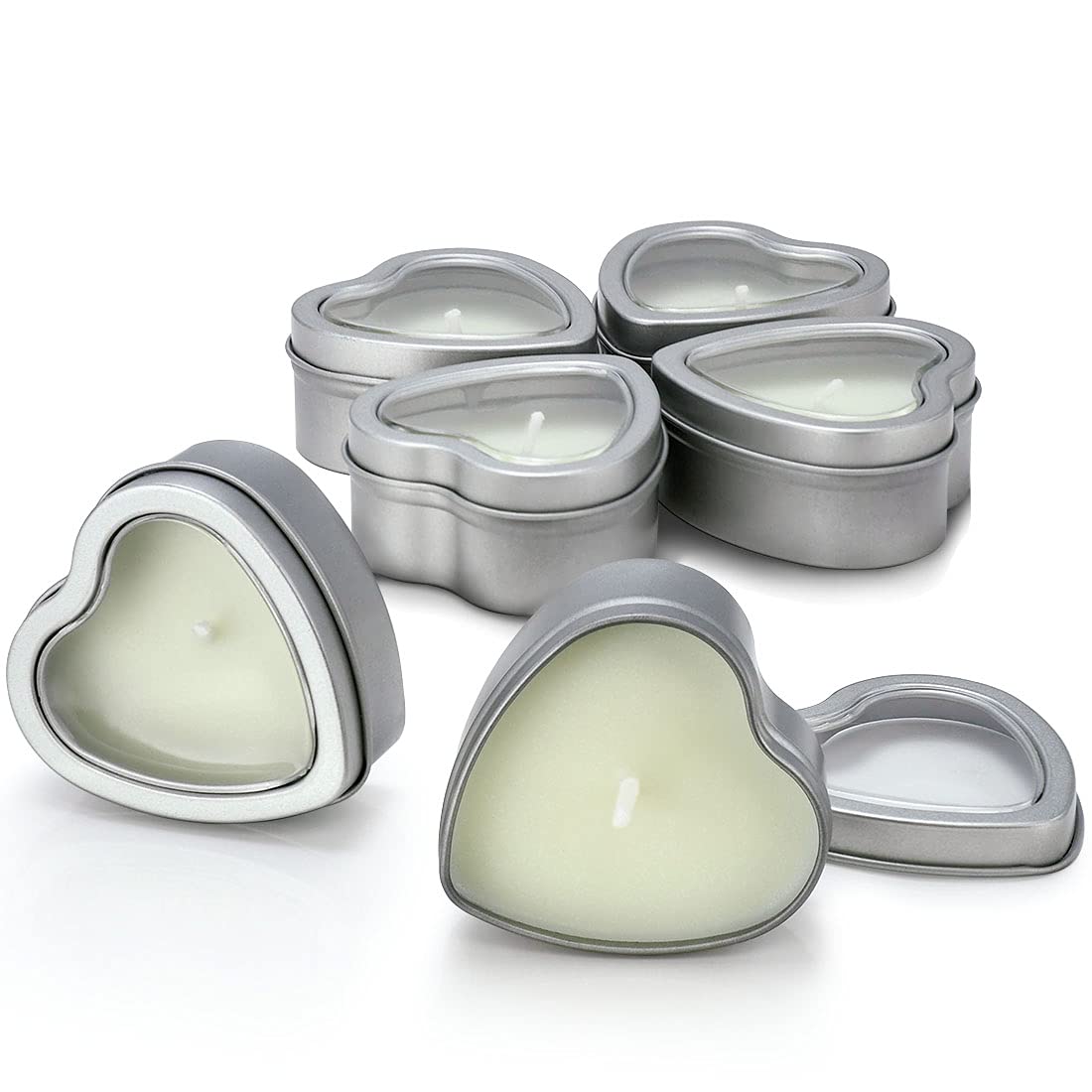 DEYBBY Jasmine Scented Soywax Tealight Candles, White Heart Shaped Aromatherapy Candles Gifts Tins for Women, Mother, Wife, Lover (Pack of 6)