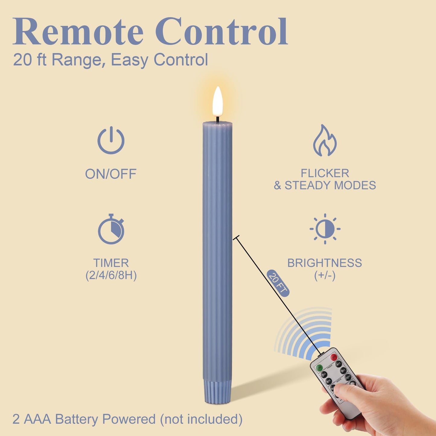 Girimax Dusty Blue Ribbed Fluted Flameless Taper Candles with Remote, Flickering Battery LED Wax Candlesticks Wedding Home Decor Set of 4
