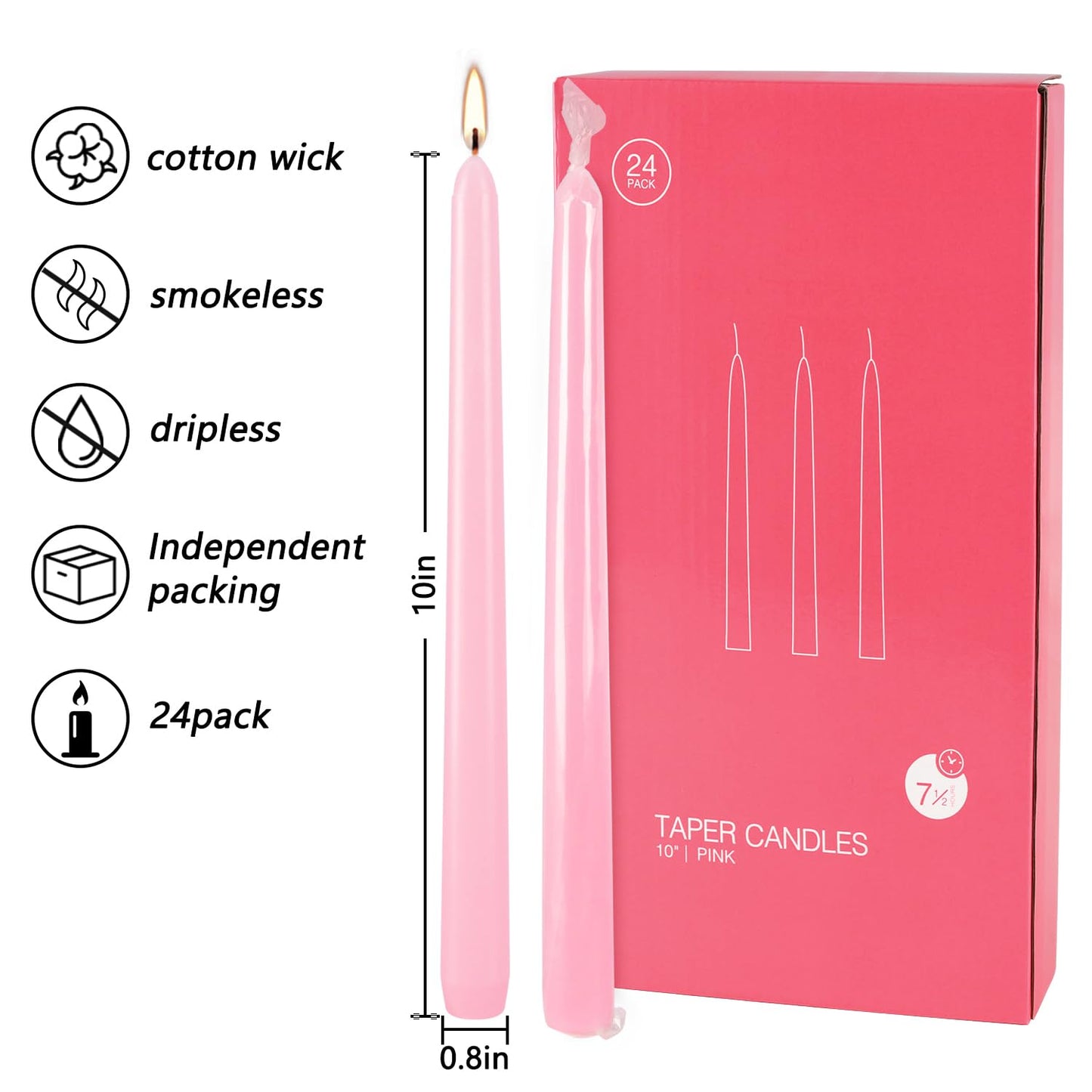 Wfmolcand Valentine's Decorations 10 Inch Pink Taper Candles Set of 24, Dripless and Unscented Candle Sticks for Dinner, Shabbat, Halloween, Christmas, Wedding, 8 Hours