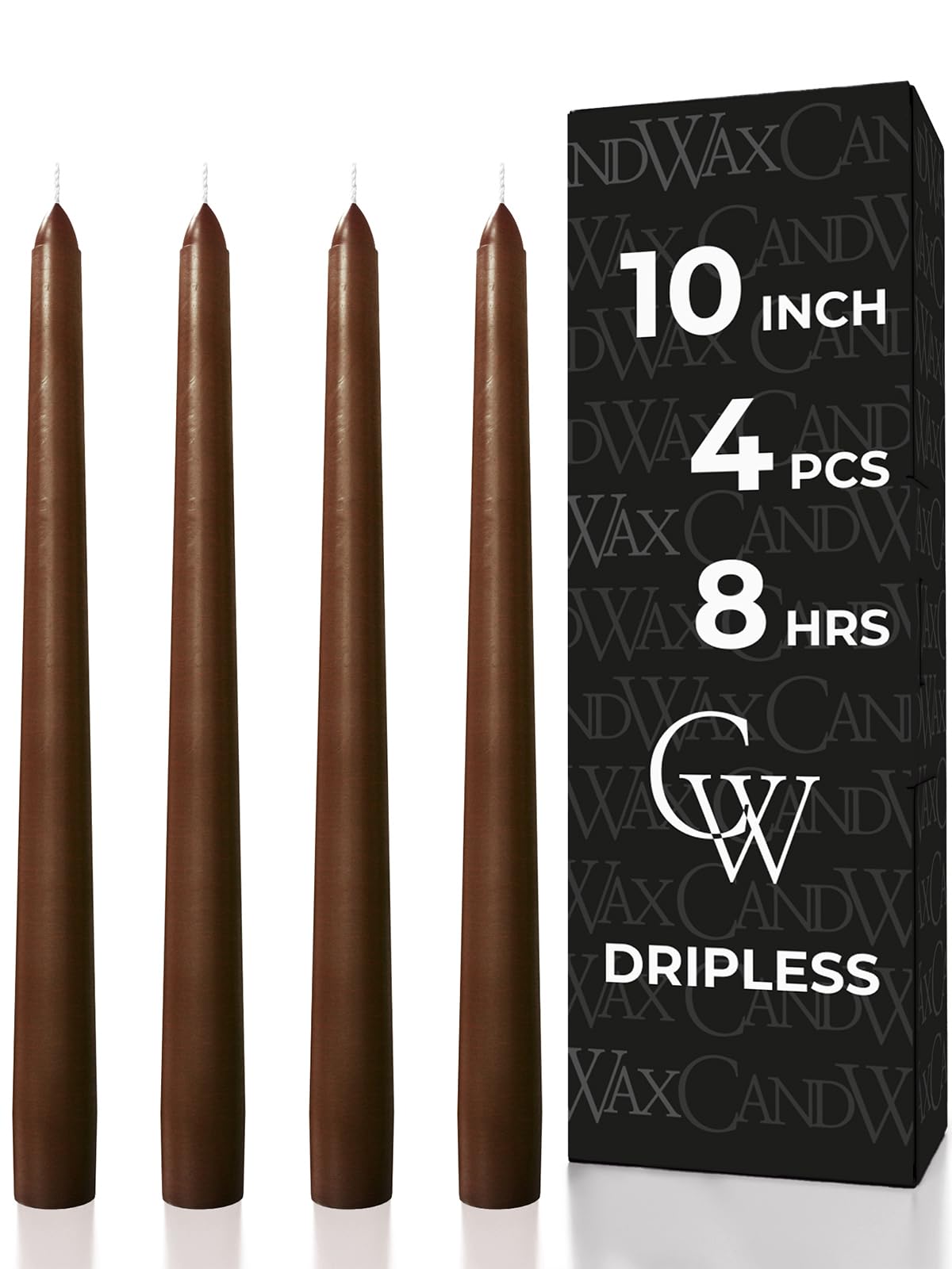 CANDWAX 10 inch Taper Candles - Set of 4 Dripless Tapered Candlesticks - Unscented, Perfect for Dinner and Household Use - Brown Candles for Home Decor