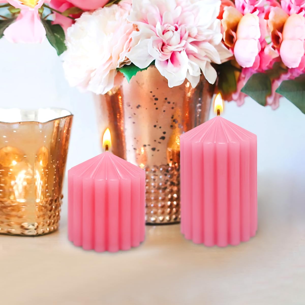 Pink Handmade Decorative Pillar Candles - 2.75×3"/4"/6" Fat Candles - Long Lasting Burning Candles for Home Decor, Gifts & Events