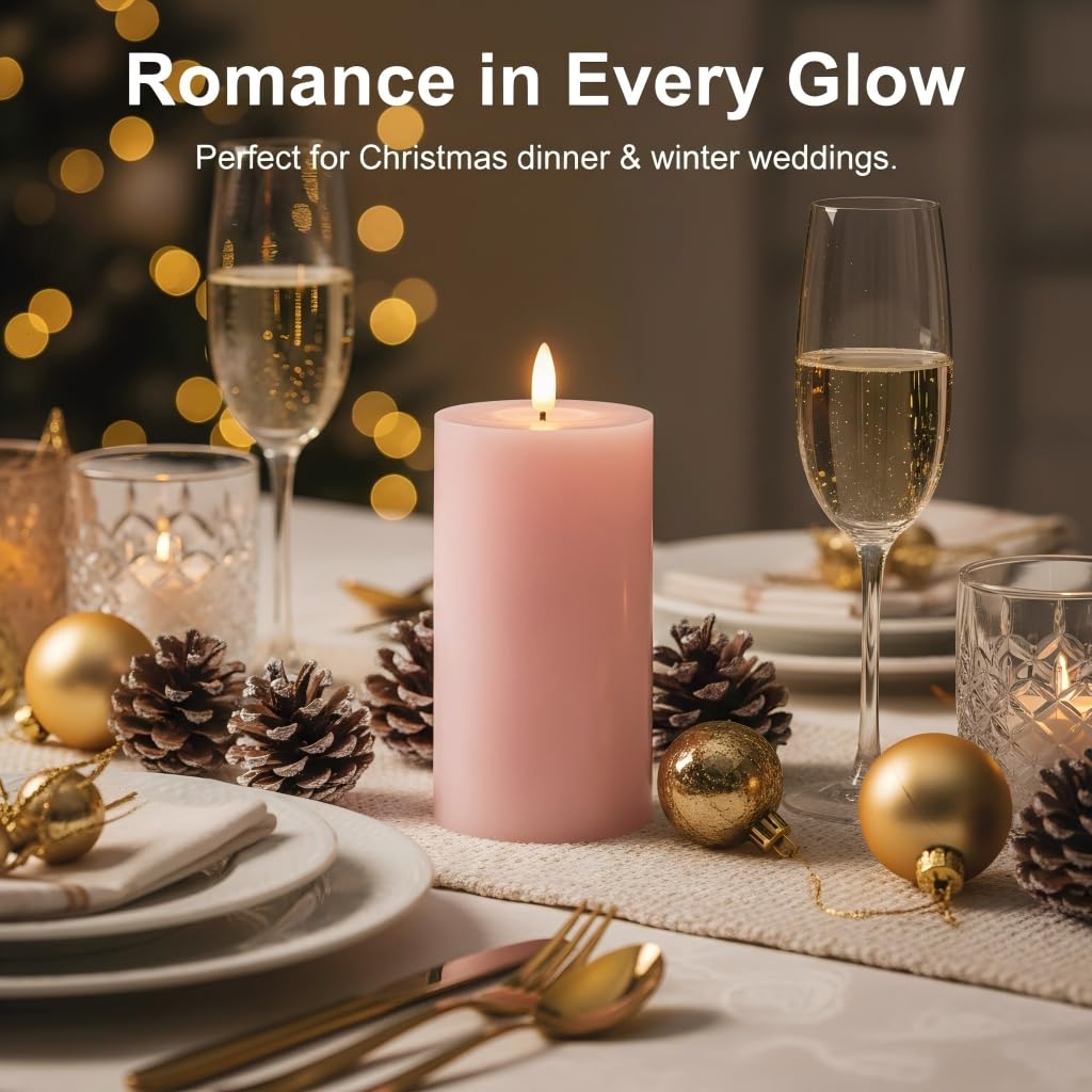 ANGELLOONG Pink Flameless Candles with Remote and Timer, Set of 3 Real Wax LED Pillar Candles Battery Operated Fake Candles for Pink Christmas Decor, Bedroom Bathroom