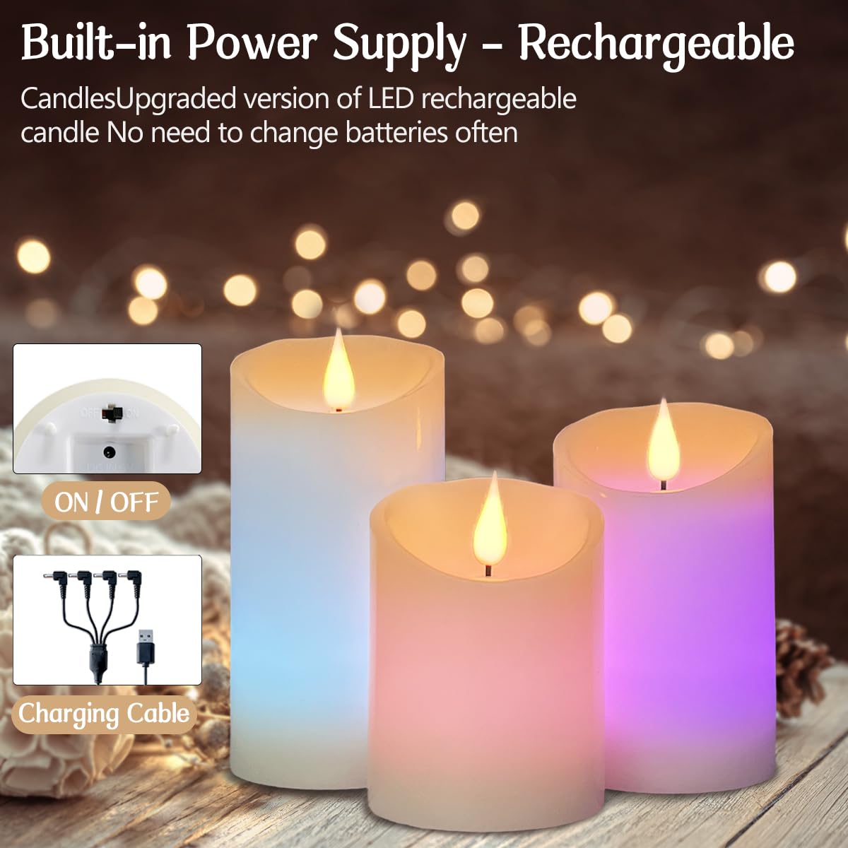 LEDHOLYT Flameless Candle RGB Set, Flickering LED Pillar Real Wax Candle with Remote Control and Timer, Upgraded Blue Flame Heart, Built-in Battery Rechargeable Flameless Candle, 1 Set of 3