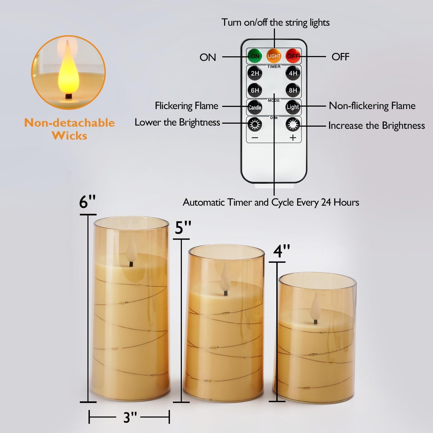 Amagic Flameless Candles 3 Set, Flickering Battery Operated Candles Embedded Fairy String Light, Realistic Pillar Candle with Remote Control and Timer, Acrylic Amber Gold, D3 x H4 5" 6"