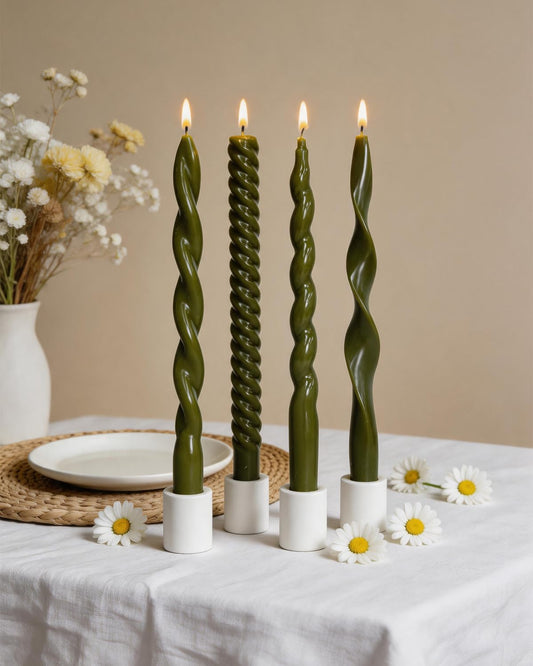 Olive Green Taper Candles Spiral Candlesticks Unscented Smokeless Tall Candles for Wedding Holiday Dinner Party Home Decorative candles-10inch,4pcs