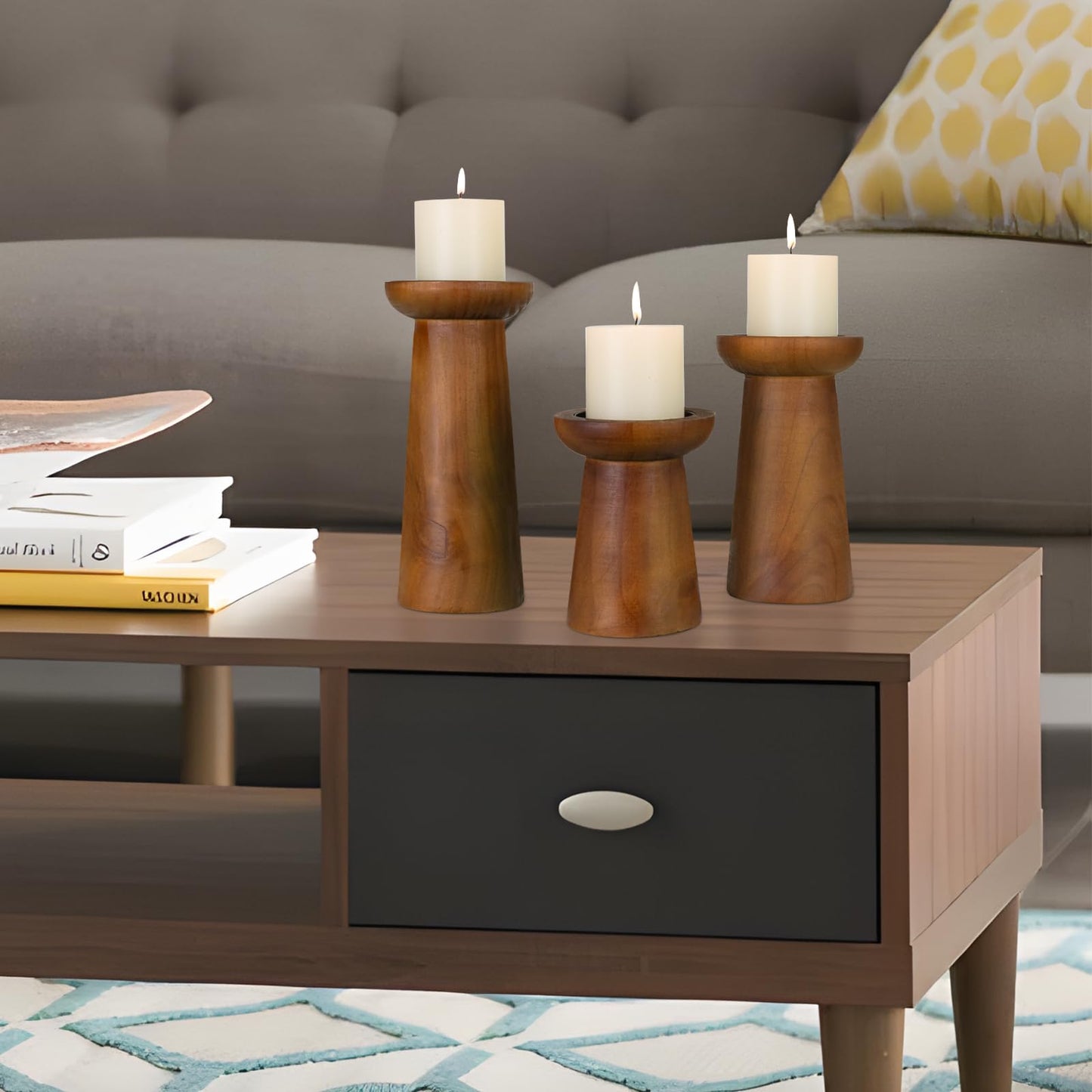 Pillar Candle Holders Set of 3， Wooden Candle Holders， Decorative Wood Candlestick Holders for Living Room, Table Centerpiece for Wedding, Christmas, Party, Home - 6", 8", 10"