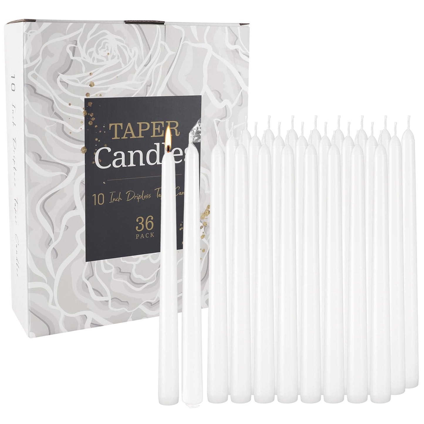 Grcdoyvl 36 Pack White Taper Candles 10 Inch - Premium Unscented Dripless & Smokeless Long-Burning Candles for Wedding Decor, Fine Dining, Candelabras, Romantic Dinner, and Elegant Home Decor