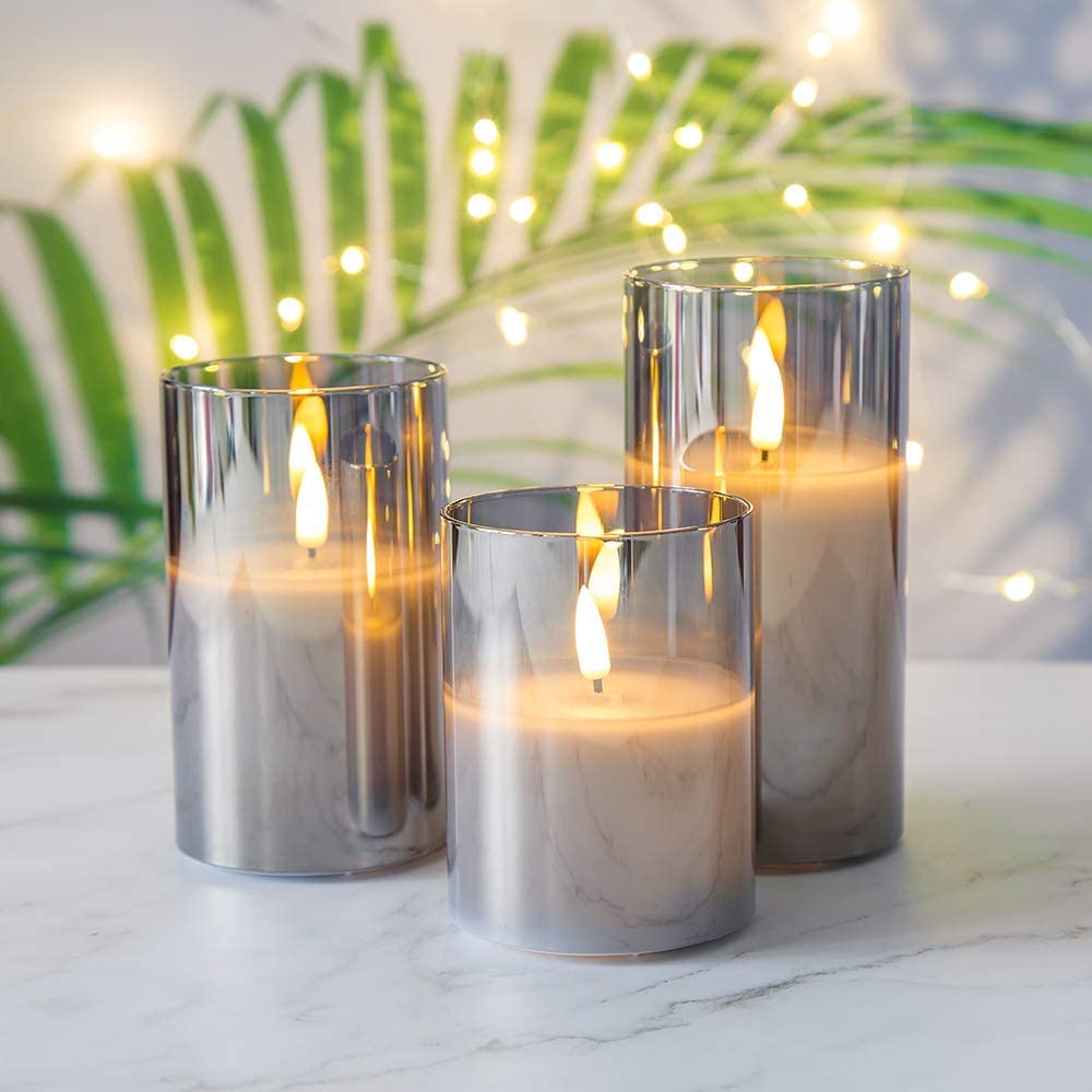 OWLZOO Set of 3 Gray Glass Flameless Candles Battery Operated with Timer and Remote, Flickering Glass LED Pillar Candles Battery Powered, Real Wax, D3 H4 5" 6"