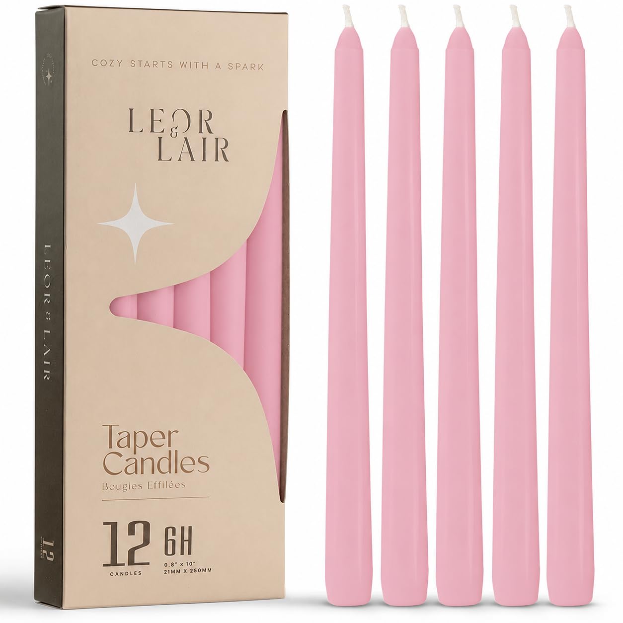 Leor & Lair Light Pink Taper Candles - 12 Pack 10" Pink Candlesticks - Unscented Blush Candles for Weddings, Mother’s Day, Baby Showers, Dinner Table & Holiday Decor