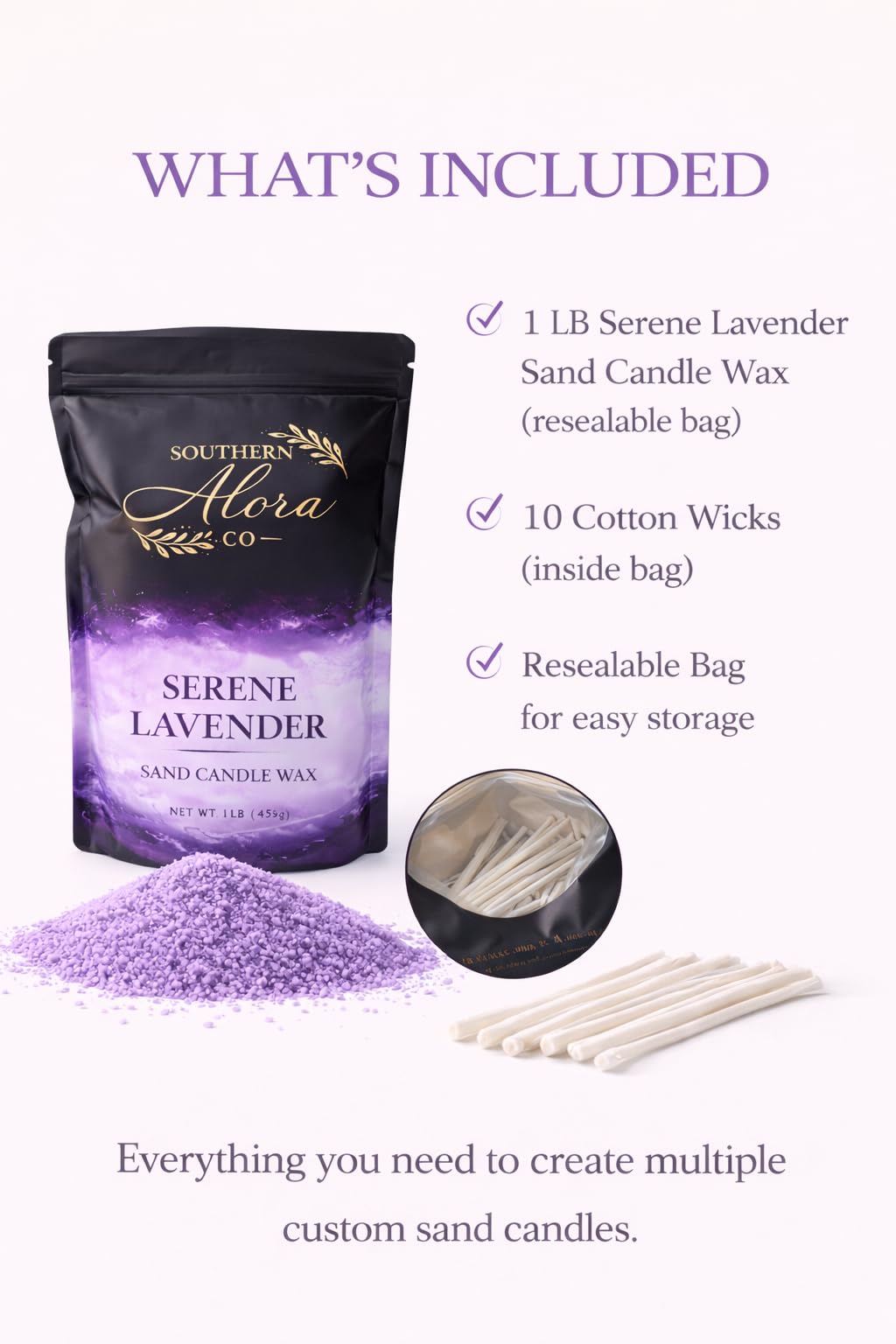 Candle Sand with 10 Wicks – 1 LB Refillable Candle Wax for DIY Candles, Wedding Centerpieces, Home Decor, Candle Making Kit, Candle Sand with Wicks – Lavender Serenity