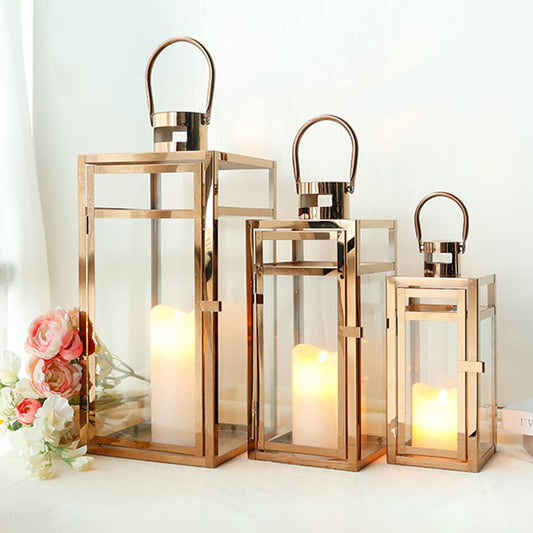 TRIROCKS Set of 3 Stainless Steel Candle Lantern 19'' High Metal Candle Holder with Clear Glass Panels Perfect for Home Decor Living Room Parties Events Tabletop Indoors Outdoors (Rose Gold)