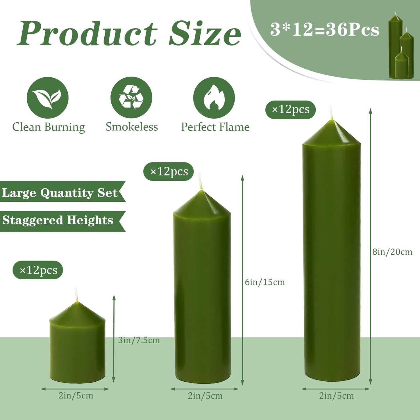 Veiuwa 36 Pcs Green Pillar Candles Bulk Set，Hurricane Candles，3 Different Lengths (12 Each)，Dripless Unscented Smokeless，Gives You a Better Atmosphere When Organizing Wedding or Event Party.