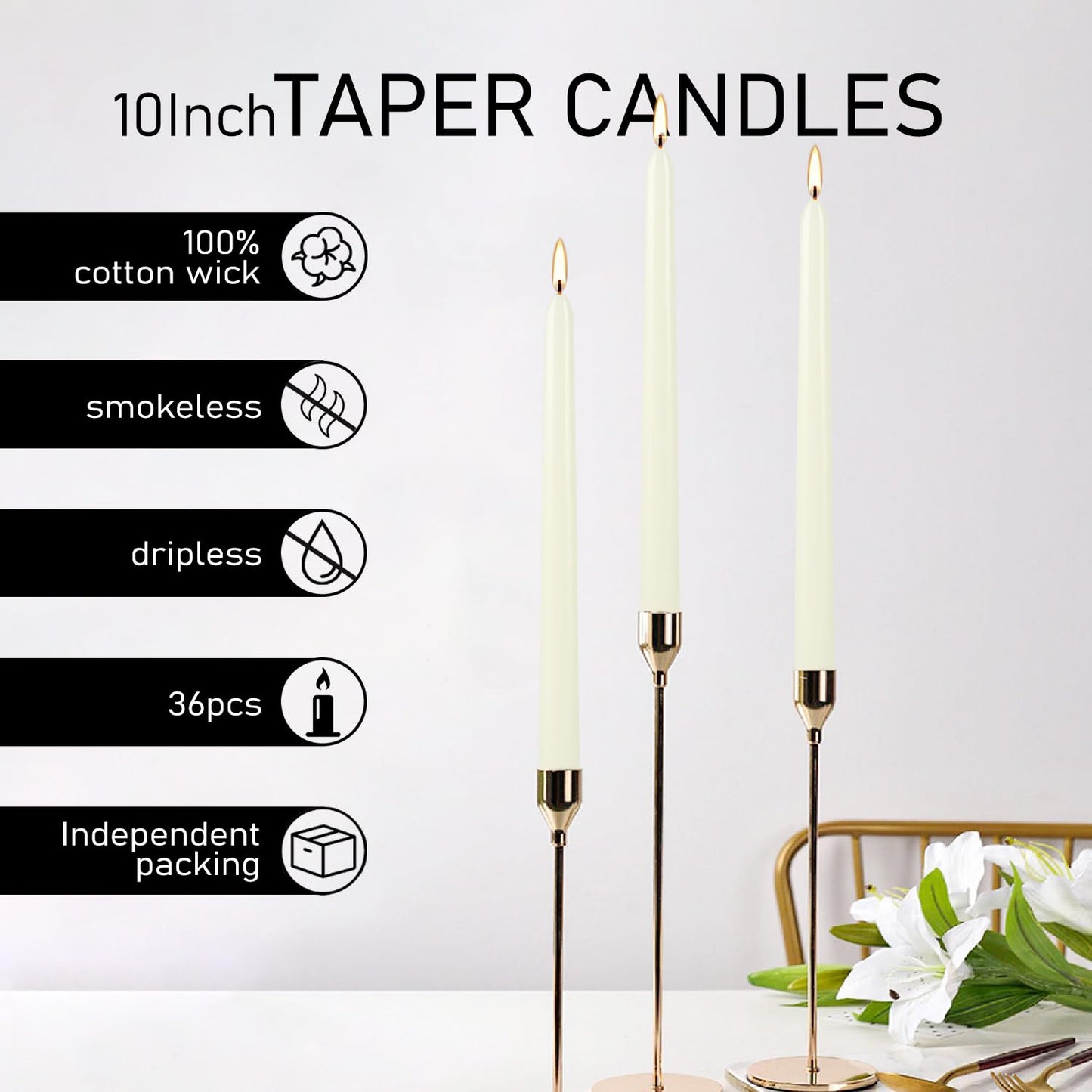 36 Pack Ivory Taper Candles 10 inch(H) Dripless, Smokeless & Unscented - Long Burning Time - Hand Poured Tall Candlesticks - Ideal for Restaurant,Weddings, Dinner Parties, and Home Decor