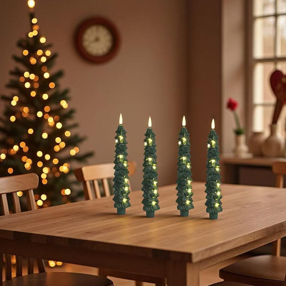 4 Pack Christmas Tree Candles with Remote, 9.4 Inch Plastic flameless Taper Candles with Embedded Star String,LED Battery Operated with 3D Flickering Flame,Window Candle for Christmas Decor