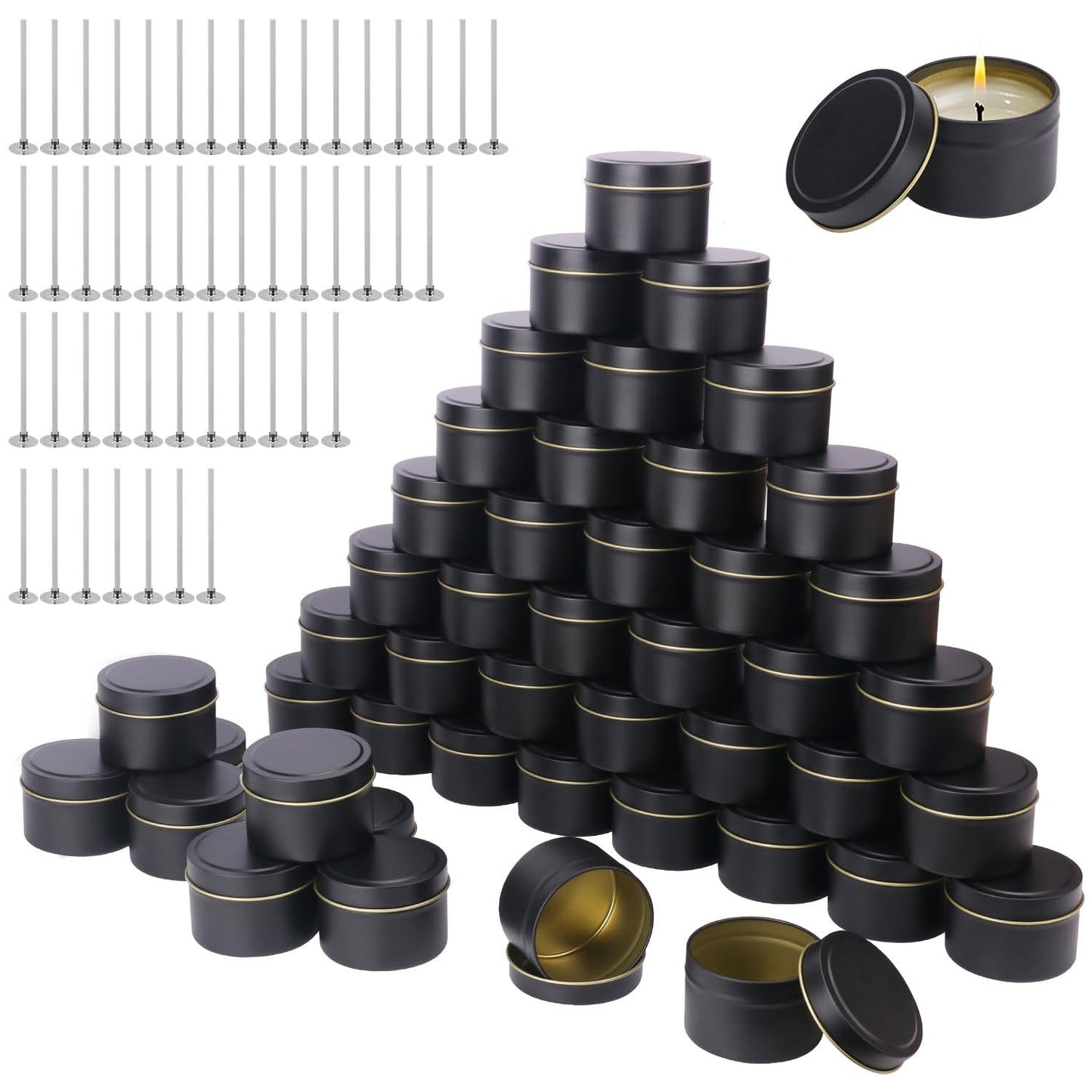 Biugaaufai 48 Pack 4 oz Black Metal Candle Tins with Lids and Wicks, Round Bulk Metal Candle Making Jar, Round 4 oz Candle Tins for DIY Candle Making and Storage