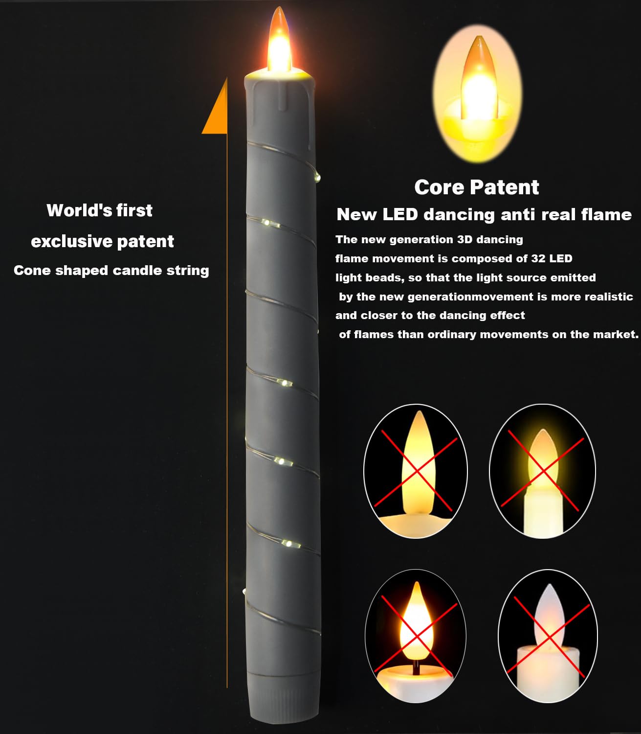 Flameless Candle, (Conical) Patented Starlight String, LED Candle, 11-Key Timing Remote Control, Battery Powered, Dance Flicker Flame, 6 Packs, Christmas Wedding Home Decor(Dark Gray)