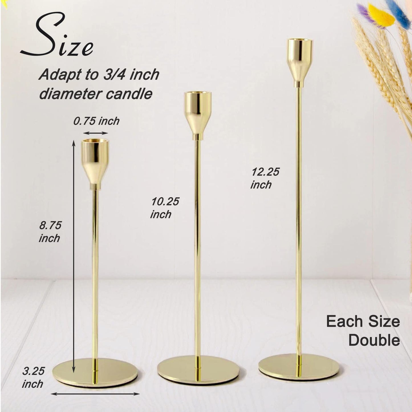 6Pcs Lemon Gold Candlestick Holders, Tall Taper Candelabra Stands fits 3/4 inch Thick Pillar Candle Stick, Elegant Decor Set for Table Centerpiece, Floor, Fireplace as Date, Festival, Fitting.