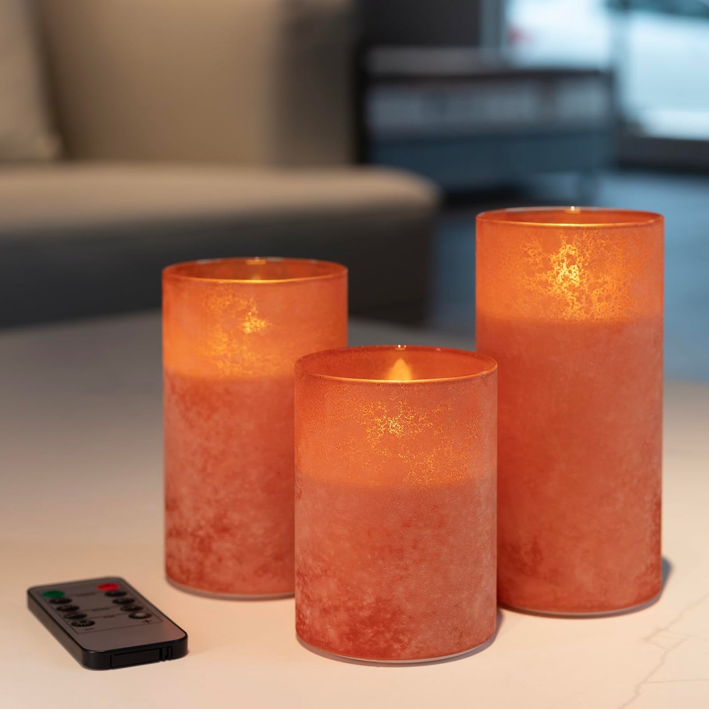 HJANDHJ Orange Flameless Candles, Sandblast Glass Battery Operated Candles with 10-Key Remote and Timer,Set of 3 Realistic Wax Candles for Home Decor (W3 H 4" 5" 6")
