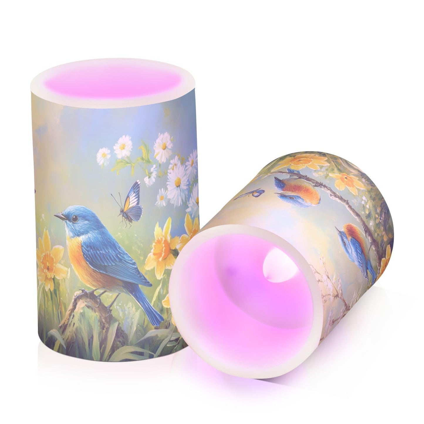 ALAZA Spring Summer Flowers Blue Bird Flickering Flameless Candles Battery Operated with Remote Timer,Tea Light Candles LED Pillar Votive Candles Set of 2 for Outdoor Indoor Decorations