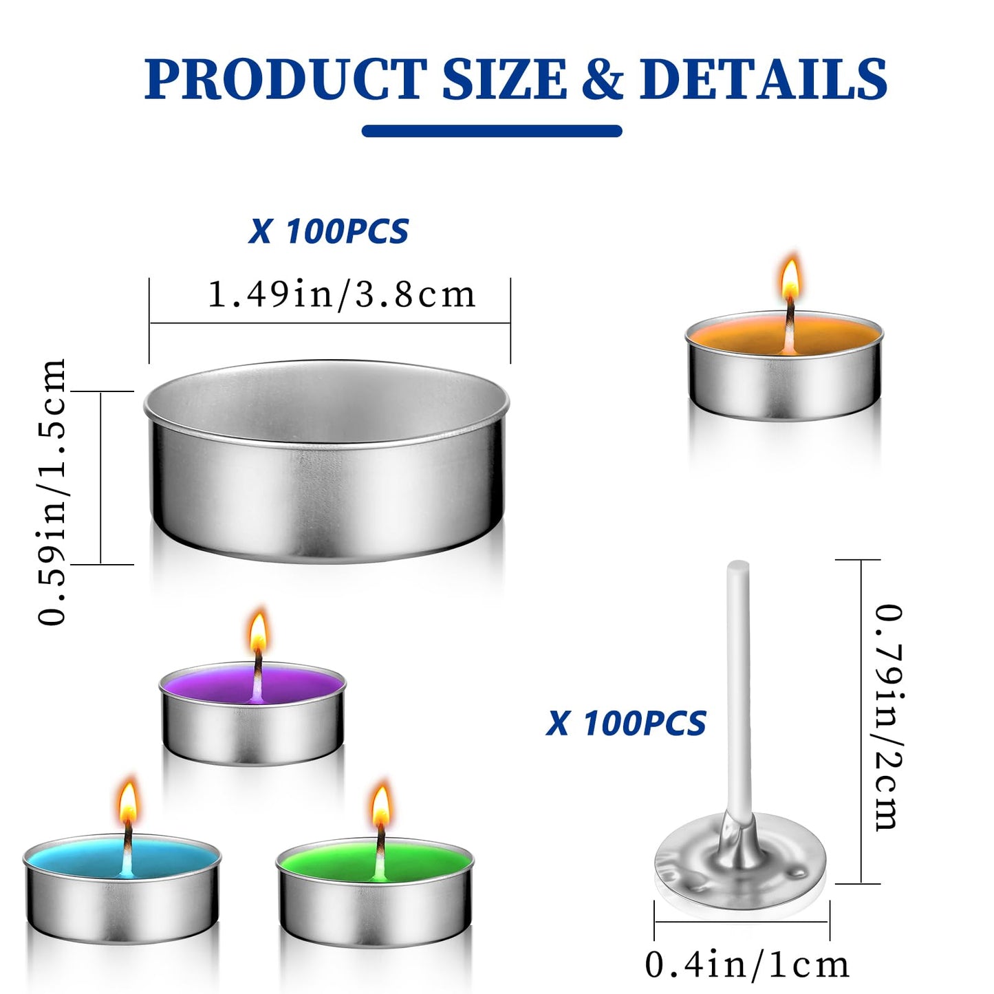 TEHAUX 100pcs Aluminum Tea Lights Cups, Empty Case Candle Wax Containers with 100pcs Candle Wicks, Metal Tea Light Tins for Wedding Centerpieces, Party, Dinner, Home Decor