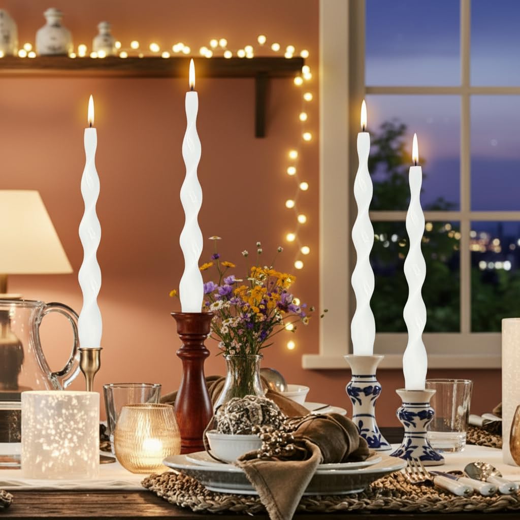 White Thin Twisted Candle Sticks 10 inch Long Spiral Candles Unscented Smokeless Twirl Tapered Candles for Weddings Holiday Dinner Meditation Home Decor Pastoral Rural Style