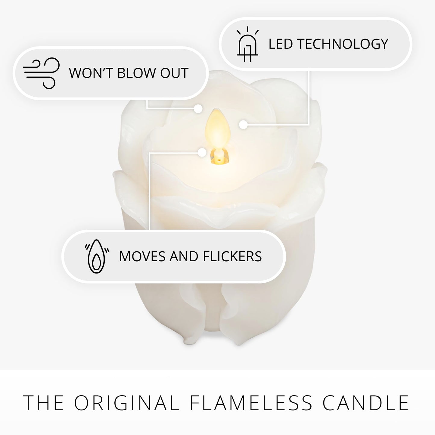 Luminara Snow White Rose Flameless Candle - 3.6" x 4.3" Rosebud Pillar - Real Flame Technology w/Flickering LED Light - Perfect for Mother's Day